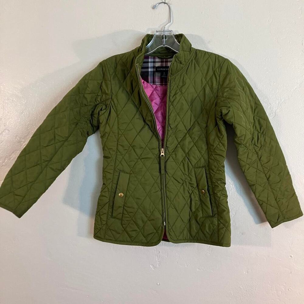 Green Lands' End‎ quilted jacket with pink lining Youth
